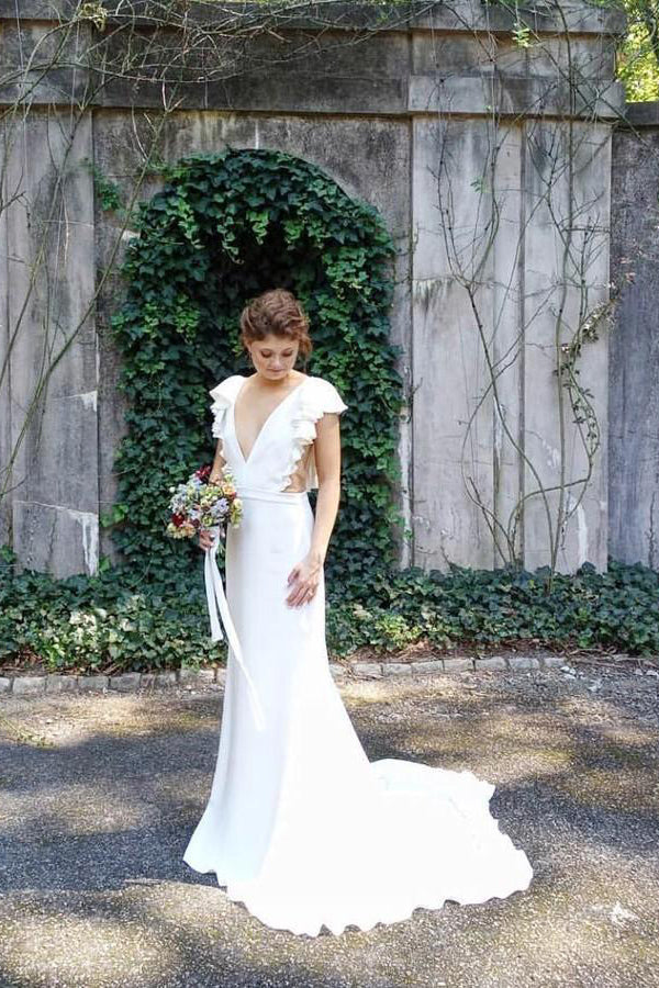 Mermaid V-Neck Cap Sleeves Wedding Dress with Ruffles